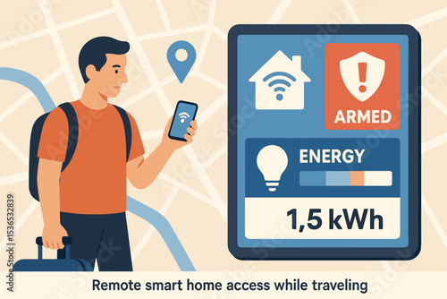 Smart Home Control. Vector illustration of remote smart home access while traveling, showing map location, alarm status, and