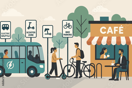 Mobility Hub Design. Vector illustration of a mobility hub combining electric shuttle stop, scooter zone, bike parking, and café