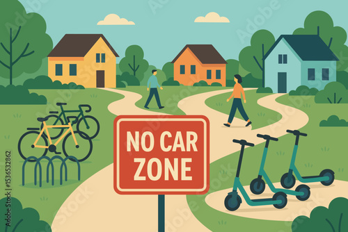 Car-Free Neighborhood Design. Vector illustration of neighborhood with no-car zone, bike racks, scooter rentals, and walking paths