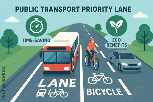 Priority Lanes Illustration. Vector illustration of public transport priority lanes marked on road with time-saving and eco