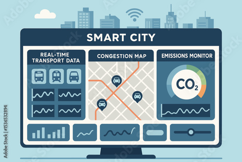 Smart City Dashboard. Vector illustration of smart city control panel with real-time transport data, congestion map, and emissions