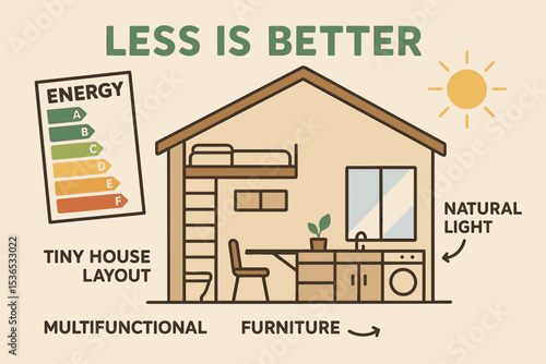 Energy-Efficient Tiny House. Less is better — Vector illustration of tiny house layout with energy efficiency labels,