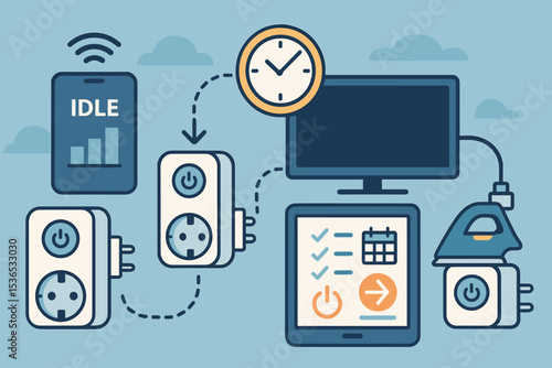 Smart Plug Efficiency. Vector illustration of smart plugs in use, tracking idle power draw and scheduling appliance shutdowns