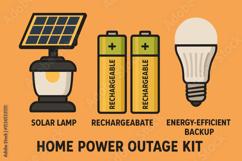 Home Power Outage Kit. Vector illustration of home power outage kit with solar lamp, rechargeable batteries, and energy-efficient