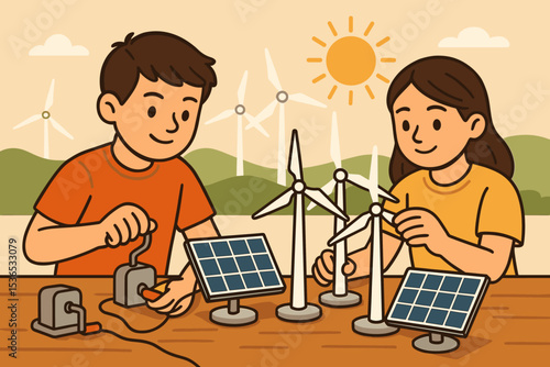 Sustainable Energy Workshop. Vector illustration of clean energy model-building activity using solar panels, wind turbines, and