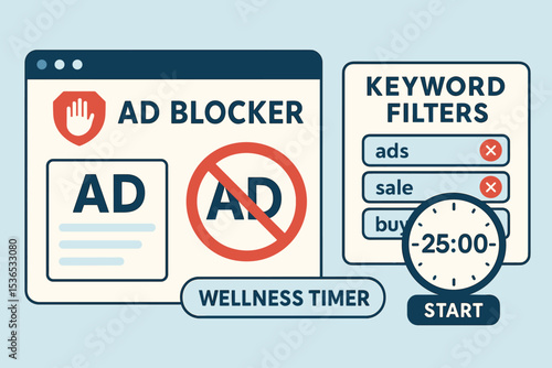 Online Ad Blocker Interface. Vector illustration of online ad blocker interface, keyword filters, and attention wellness timer
