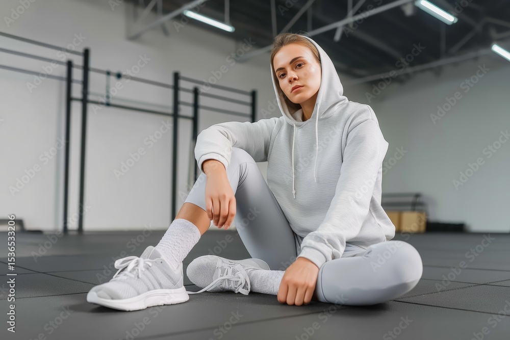 Obraz premium Young woman in gray athletic wear sits on gym floor, showcasing a relaxed pose, with fitness equipment and open space in the background, embodying strength and determination