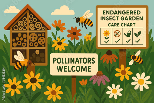 Endangered Insect Habitat. Vector illustration of endangered insect garden with bee hotel, native flowers, “Pollinators welcome”