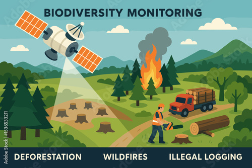 Biodiversity Monitoring Satellite. Vector illustration of biodiversity monitoring satellite mapping deforestation, wildfires, and