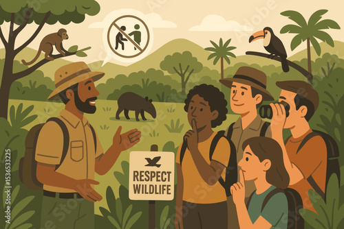 Guided Ecotourism Adventure. Vector illustration of ecotourism scene with visitors guided by local expert, wildlife-friendly rules