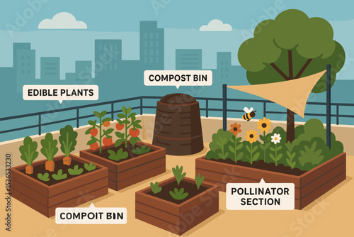 Rooftop Regenerative Garden. Vector illustration of rooftop regenerative garden with edible plants, compost bin, pollinator