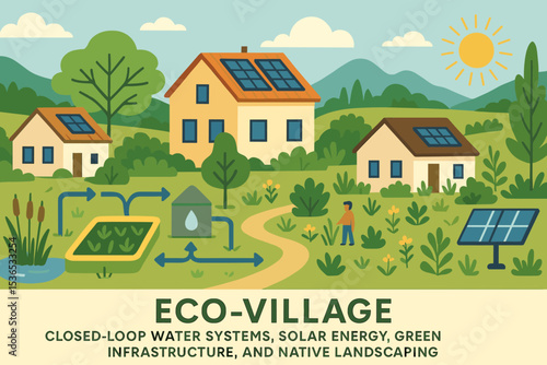 Sustainable Eco-Village Design. Vector illustration of eco-village design with closed-loop water systems, solar energy, green