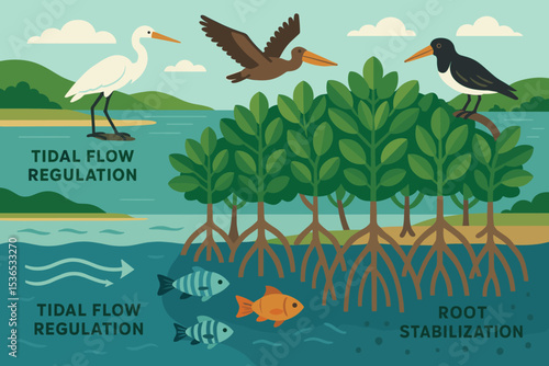 Restored Mangrove Coastline. Vector illustration of restored mangrove coastline with fish, birds, root stabilization, and tidal