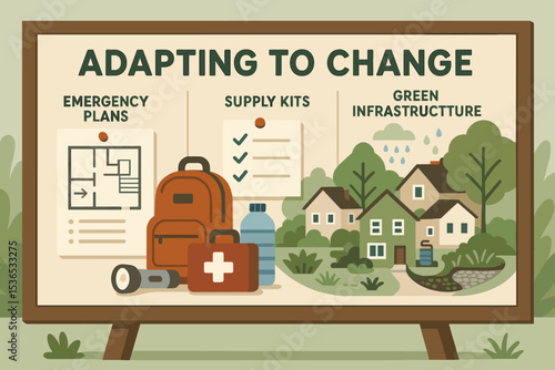 Neighborhood Emergency Preparedness. Adapting to change — Vector illustration of neighborhood preparedness board showing emergency