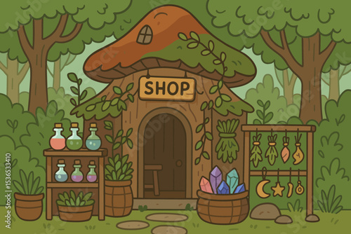 Forest Shop Treasures. Vector illustration of whimsical forest shop selling potions, enchanted herbs, crystals, and hand-carved