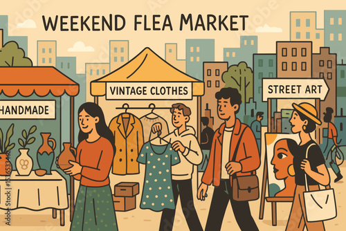 Weekend Flea Market. Vector illustration of weekend flea market with handmade goods, vintage clothes, street art, and urban buzz