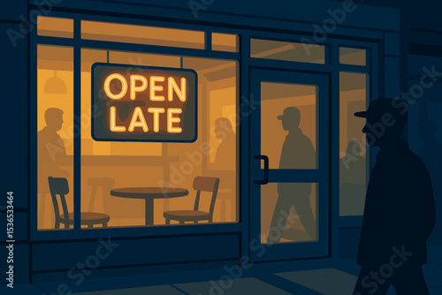 Glass Cafe at Night. Vector illustration of glass cafe front with “Open Late” sign, inside glow, and nighttime passerby