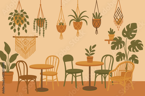 Boho Cafe Vibes. Vector illustration of boho cafe design with plants hanging from ceiling, mismatched chairs, and macrame wall art