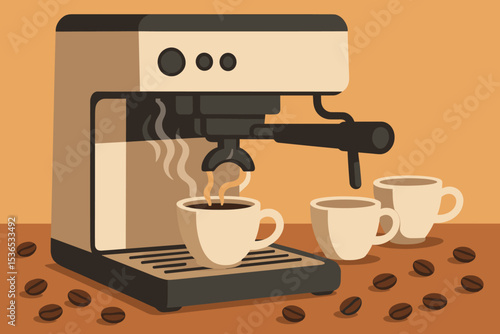 Espresso Machine Close-Up. Vector illustration of espresso machine close-up with steaming portafilter, scattered coffee beans, and