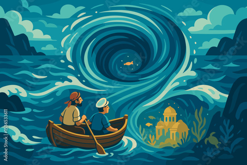 Enchanted Whirlpool Voyage. Vector illustration of enchanted whirlpool transporting sea travelers to hidden wonders deep below