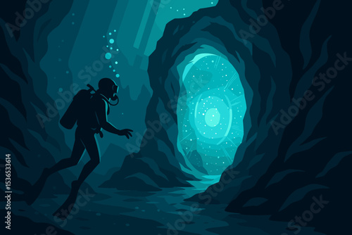Mystical Underwater Portal. Vector illustration of diver encountering a portal shimmering between rocks with floating particles