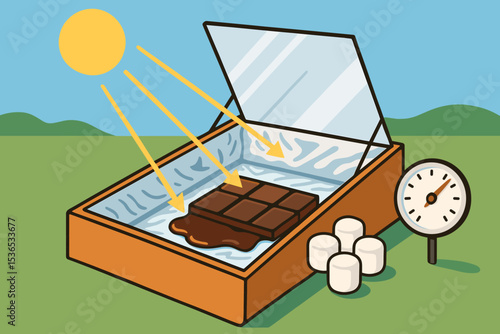 Solar Oven Experiment. Vector illustration of solar oven experiment melting chocolate with mirror lid, thermometer, and