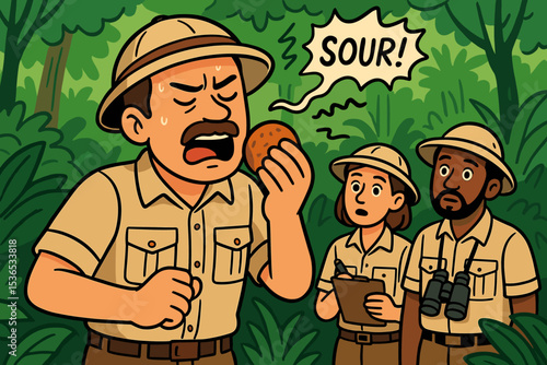 Explorer Tasting Jungle Fruit. Vector illustration of explorer tasting jungle fruit with reaction notes and nearby observation
