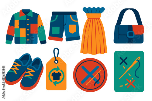Upcycled Fashion Icons. Isometric flat vector set of illustrations of upcycled fashion pieces: patchwork jacket, denim remake
