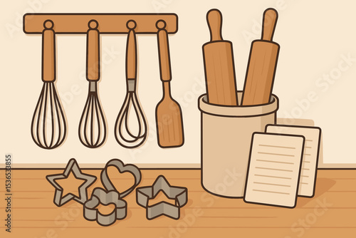 Baking Tools Station. Vector illustration of baking tools station with whisks, rolling pins, cookie cutters, and recipe cards