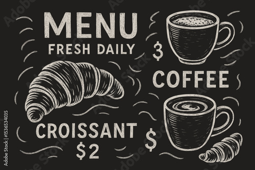 Chalkboard Cafe Menu. Vector illustration of chalkboard menu with hand-drawn croissants, coffee cups, prices, and “fresh daily”