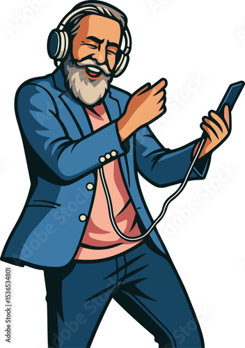 Stylish old man enjoying music vector illustration