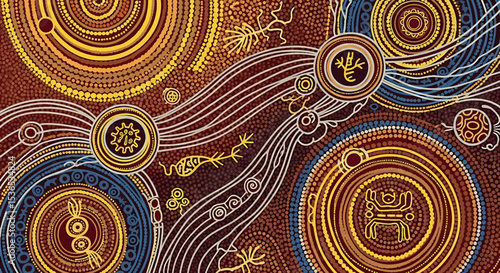 Australian Aboriginal Dot Painting Inspired Vector Art Background