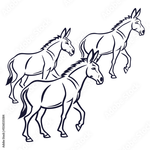 Line Art Illustration of Three Walking Donkeys in Simple and Clean Style Depicting Equine Animals