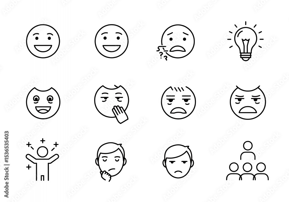Collection of Various Facial Expression Line Icons, Moods and Ideas Collection of Various Facial Expression Line Icons, Moods and Ideas