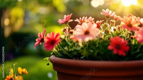 Wallpaper Mural Vibrant flower pot featuring red and white daisy plants glowing in warm light amidst a lush garden setting on a sunny day Torontodigital.ca