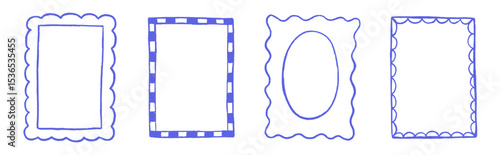 Wavy edge and checkerboard frame box vector illustration isolated on white. Squiggle curve doodle rectangle and oval sketch.	
