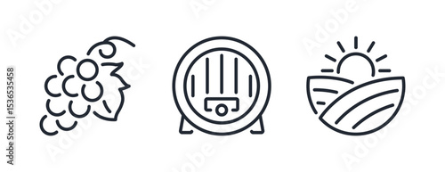 Grape, wine barrel and vineyard field editable stroke outline icons set isolated on white background flat vector illustration. Pixel perfect. 64 x 64.