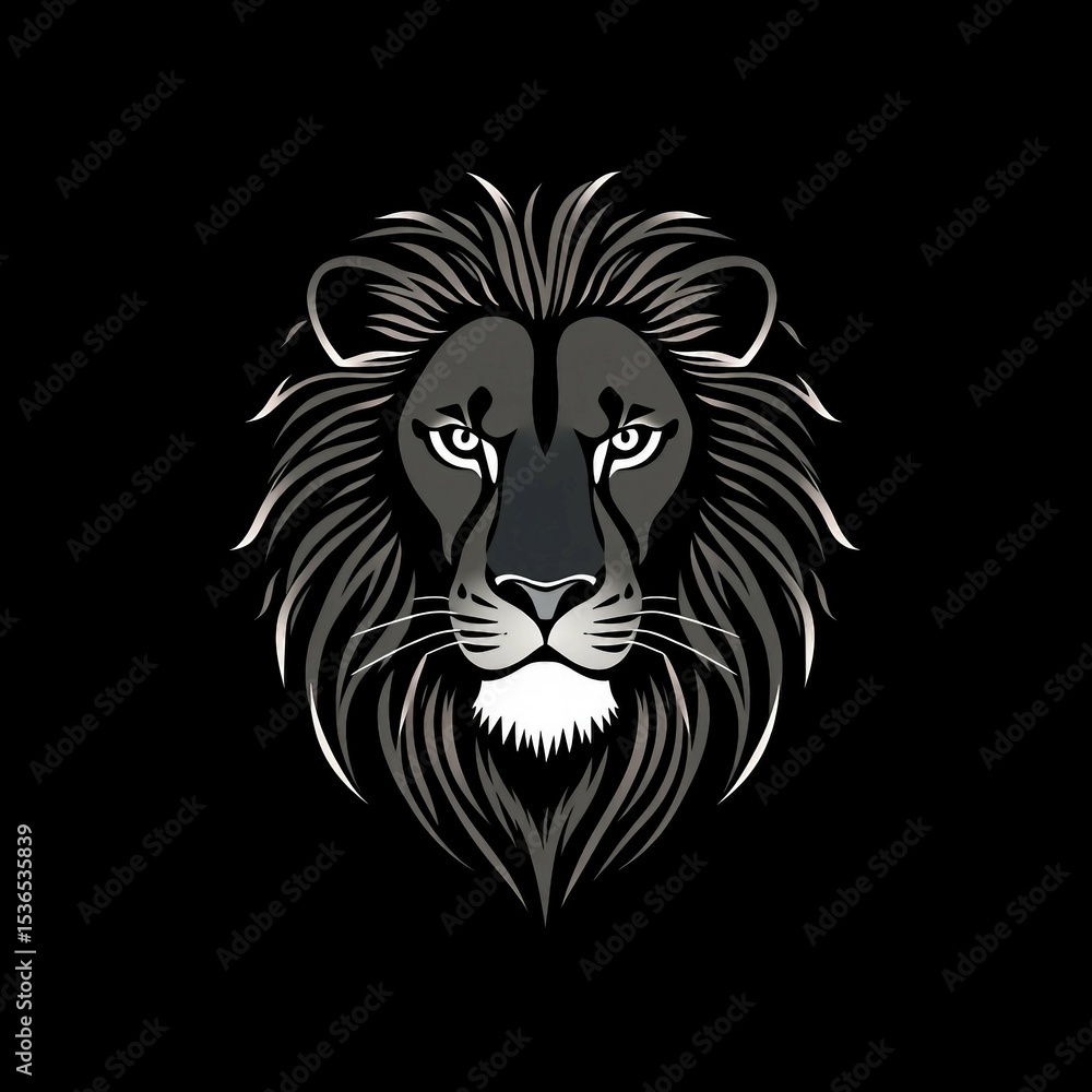 Fototapeta premium Ausdrucksstarkes Löwenkopf-Design in Schwarz-Weiß auf schwarzem Hintergrund – ideal für Tattoos, Poster oder T-Shirts im Wildtier-Stil.