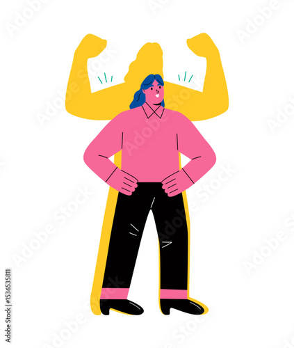 Confident business woman with power and strength in spirit. Self-confidence and motivation concept. Flat vector illustration isolated on white background