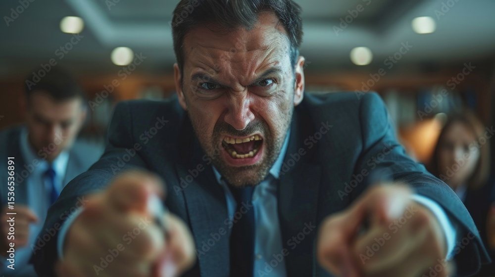 Obraz premium A man in a business suit with an aggressive expression and clenched fists. Useful for articles about business conflicts, stress at work and anger management.