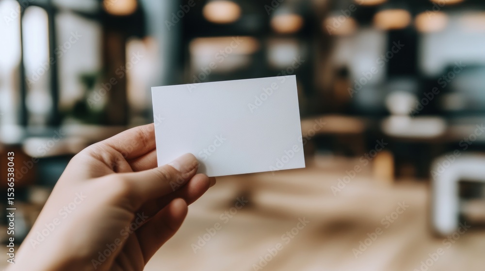 Hand holding blank notecard, blurred background Hand holding blank notecard, blurred background