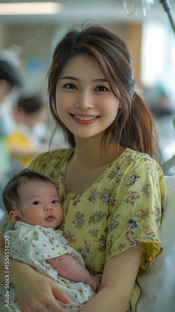 Obraz premium Happy young mother lovingly holding her newborn baby in a hospital room A tender moment of motherhood captured