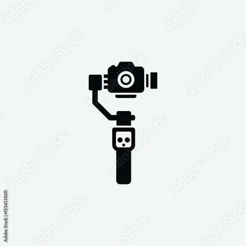 Stylized black and white gimbal stabilizer icon with camera lens. Modern vector design on light gray background, perfect for tech, video, and photography themes.
