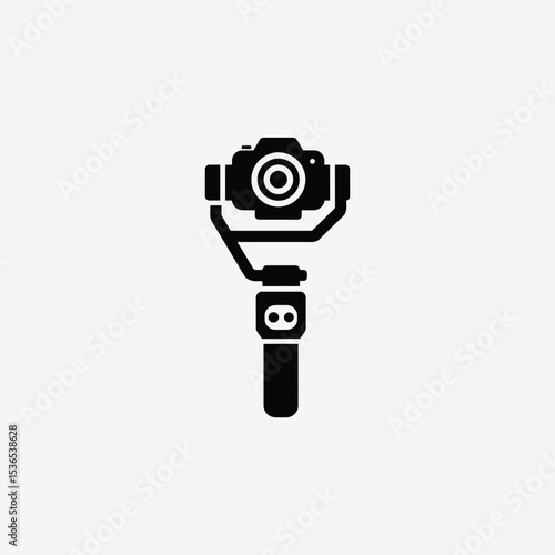 Stylized black and white gimbal stabilizer icon with camera lens. Modern vector design on light gray background, perfect for tech, video, and photography themes.