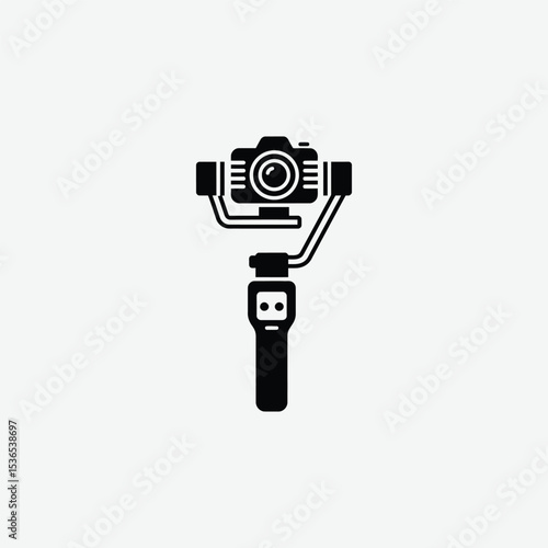 Stylized black and white gimbal stabilizer icon with camera lens. Modern vector design on light gray background, perfect for tech, video, and photography themes.