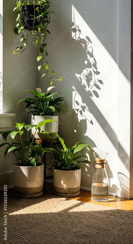 Sunlit Corner Indoor Plants Basking in Sunlight, Peaceful Home Decor Sunlit Corner Indoor Plants Basking in Sunlight, Peaceful Home Decor