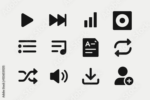 Media control and music icon set featuring play, shuffle, repeat, and download symbols