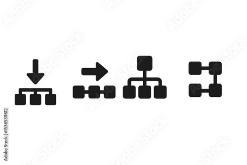 Navigation Icon Set. Solid style icons of navigation trees: drill-down icon, sub-navigation forward, hierarchy arrow, structure