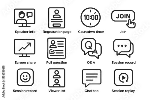 Webinar interface elements: icons for registration, polls, and session interaction