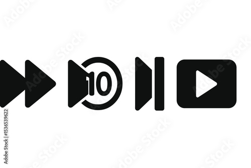Media Control Icons. Solid style icons of media control: fast forward icon, skip ahead 10s, next track icon, video forward.